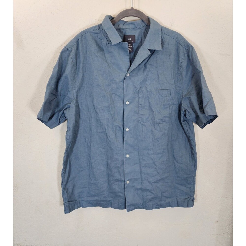 H&M Men's Large Blue Linen Cotton Blend Short Sleeve Shirt Regular Fit Summer